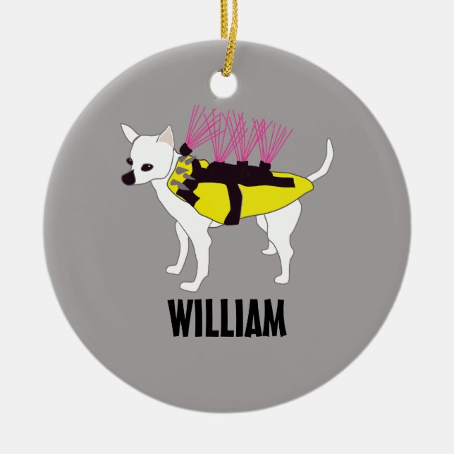 Chihuahua Dog in a Coyote Jacket Personalised Ceramic Tree Decoration (Front)