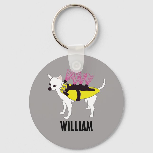 Chihuahua Dog in a Coyote Jacket Personalised Key Ring (Front)