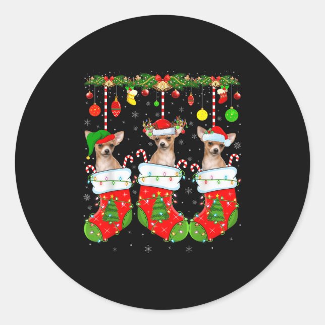 Chihuahua Dog In Christmas Socks Funny Pet Dog Lov Classic Round Sticker (Front)
