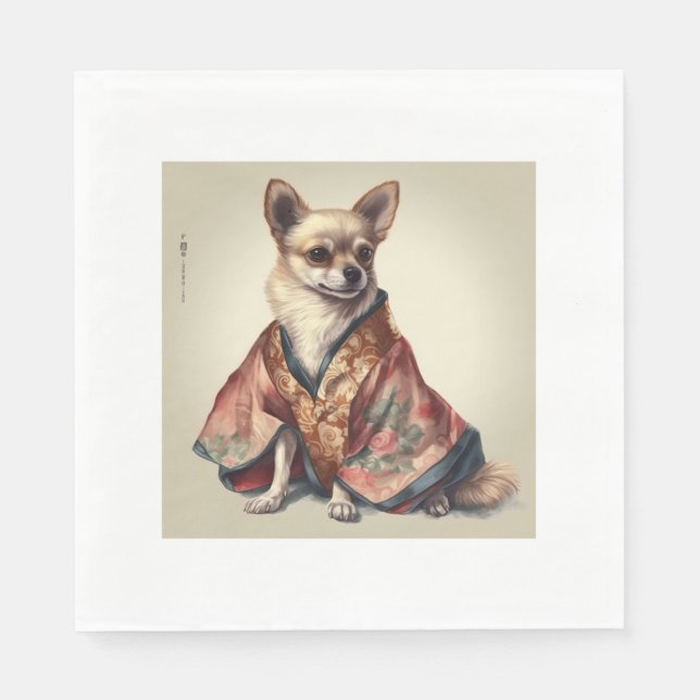 Chihuahua Dog In Japanese Kimono Robe Illustration Napkin (Front)