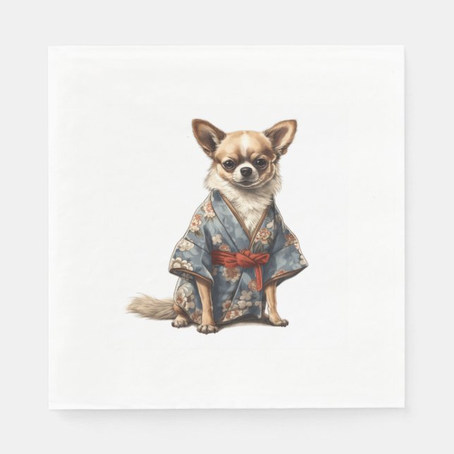 Chihuahua Dog In Japanese Kimono Robe Illustration Napkin (Front)