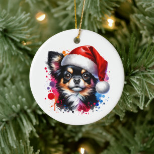 Chihuahua Dog in Santa Hat Christmas   Ceramic Tree Decoration