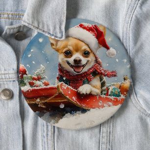 Chihuahua Dog in Sledge Let it Snow Christmas 6 Cm Round Badge