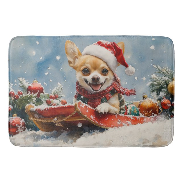 Chihuahua Dog in Sledge Let it Snow Christmas Bath Mat (Front)