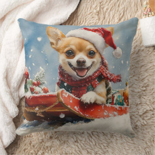 Chihuahua Dog in Sledge Let it Snow Christmas Cushion