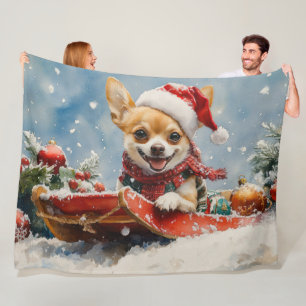 Chihuahua Dog in Sledge Let it Snow Christmas Fleece Blanket