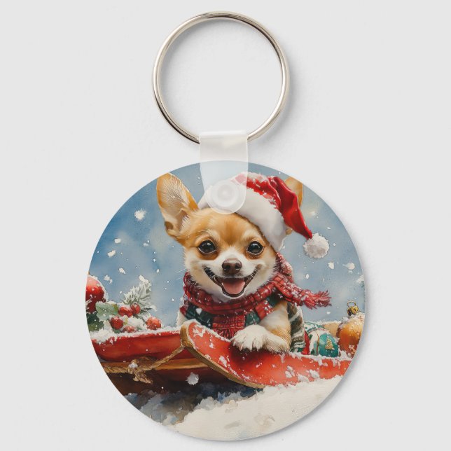 Chihuahua Dog in Sledge Let it Snow Christmas Key Ring (Front)