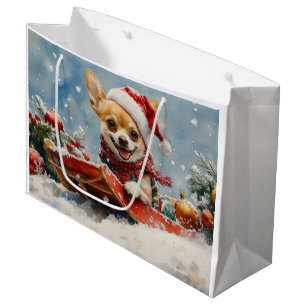 Chihuahua Dog in Sledge Let it Snow Christmas Large Gift Bag