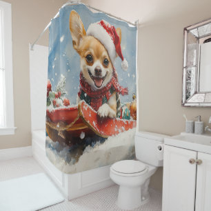 Chihuahua Dog in Sledge Let it Snow Christmas Shower Curtain