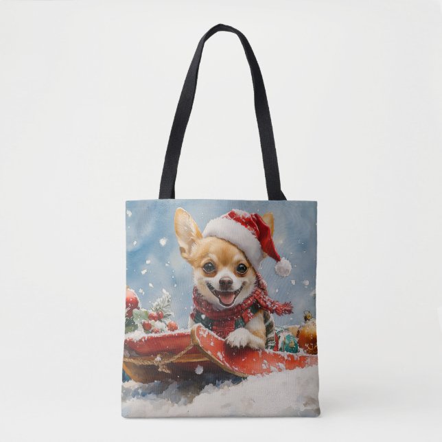 Chihuahua Dog in Sledge Let it Snow Christmas Tote Bag (Front)