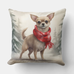 Chihuahua Dog in Snow Christmas  Cushion