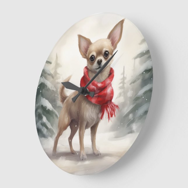Chihuahua Dog in Snow Christmas  Large Clock (Angle)