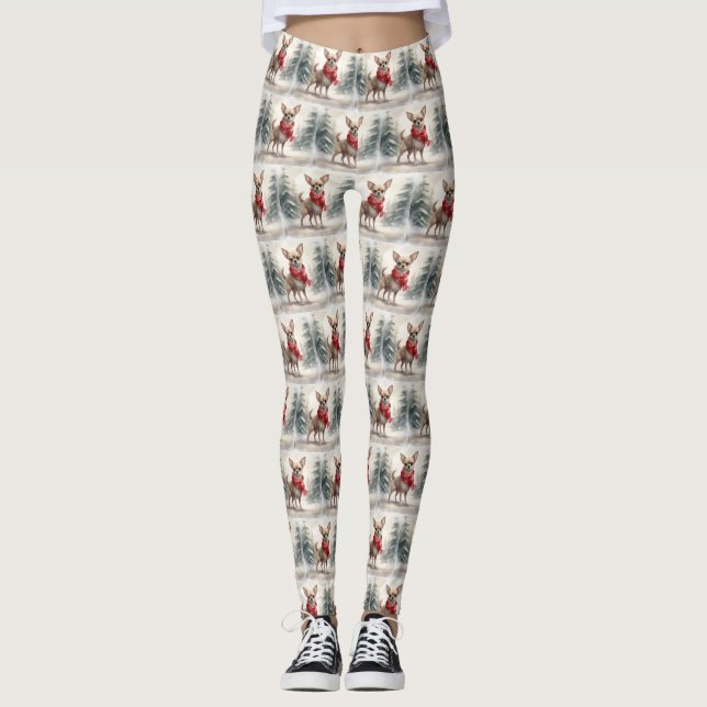 Chihuahua Dog in Snow Christmas  Leggings (Front)