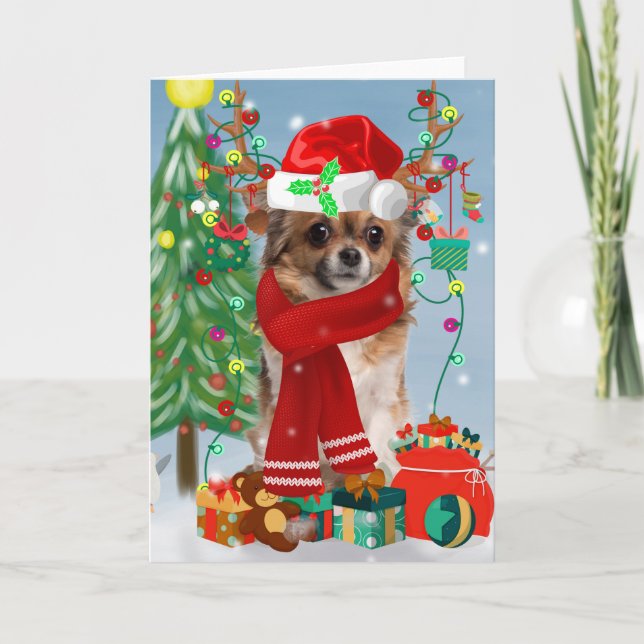 Chihuahua Dog in Snow with Christmas Gifts  Card (Front)