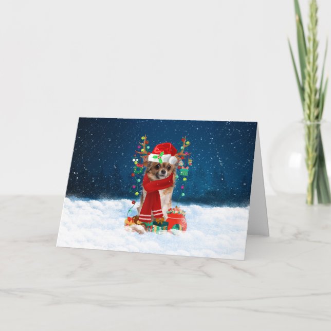Chihuahua Dog in Snow with Christmas Gifts Card (Front)