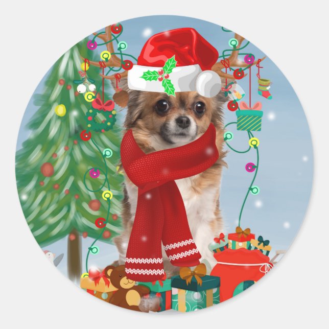 Chihuahua Dog in Snow with Christmas Gifts  Classic Round Sticker (Front)