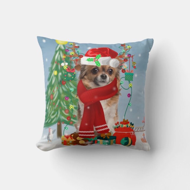 Chihuahua Dog in Snow with Christmas Gifts Cushion (Front)