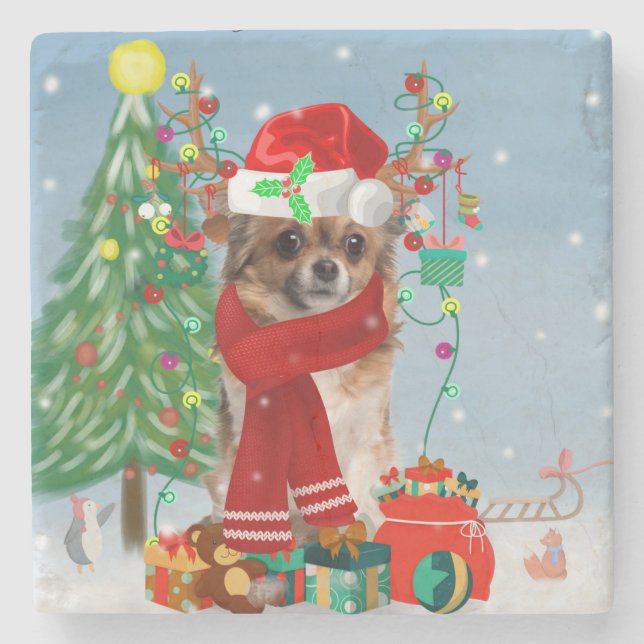 Chihuahua Dog in Snow with Christmas Gifts  Stone Coaster (Front)