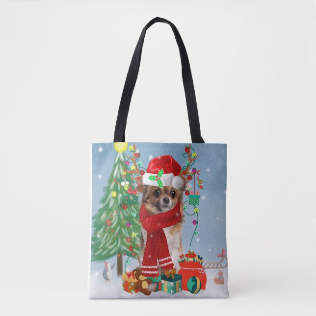 Chihuahua Dog in Snow with Christmas Gifts  Tote Bag (Front)