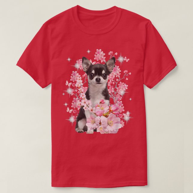 Chihuahua Dog Japanese Cherry Blossom Sakura Flowe T-Shirt (Design Front)