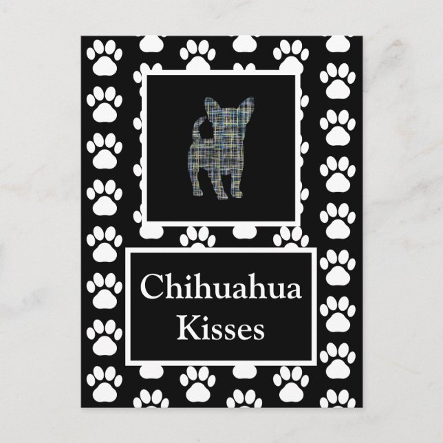 Chihuahua Dog Kisses Silhouette in Y&B Grid Postcard (Front)