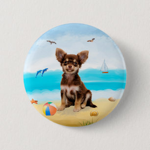 Chihuahua Dog on Beach 6 Cm Round Badge