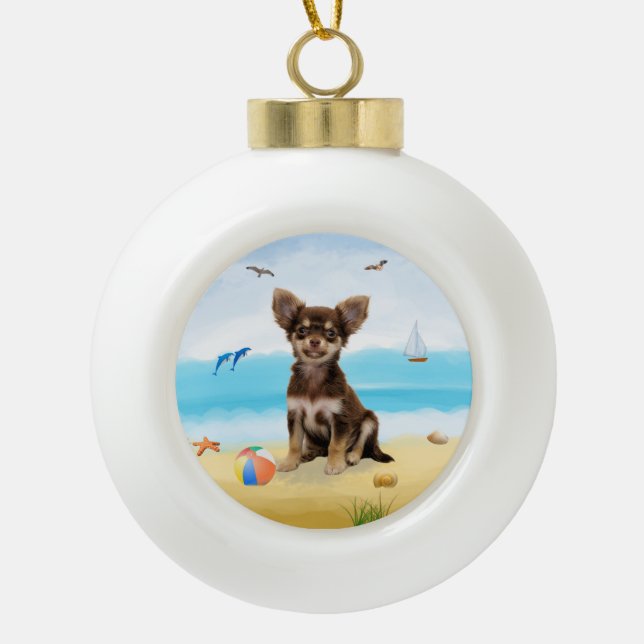 chihuahua Dog on Beach  Ceramic Ball Christmas Ornament (Front)