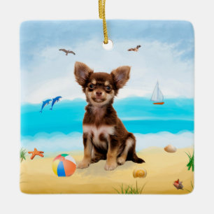 Chihuahua Dog on Beach Ceramic Ornament