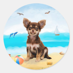 Chihuahua Dog on Beach Classic Round Sticker