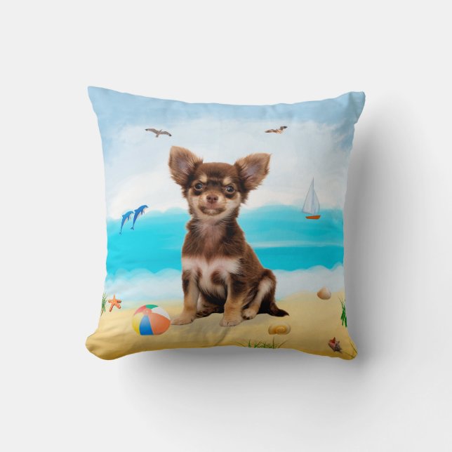 chihuahua Dog on Beach  Cushion (Front)