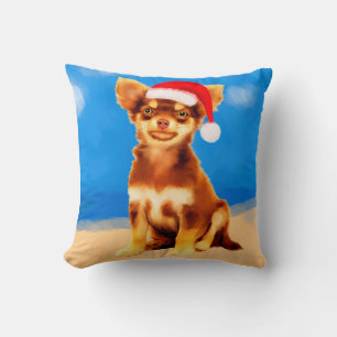 Chihuahua dog On Beach With Christmas Hat Cushion
