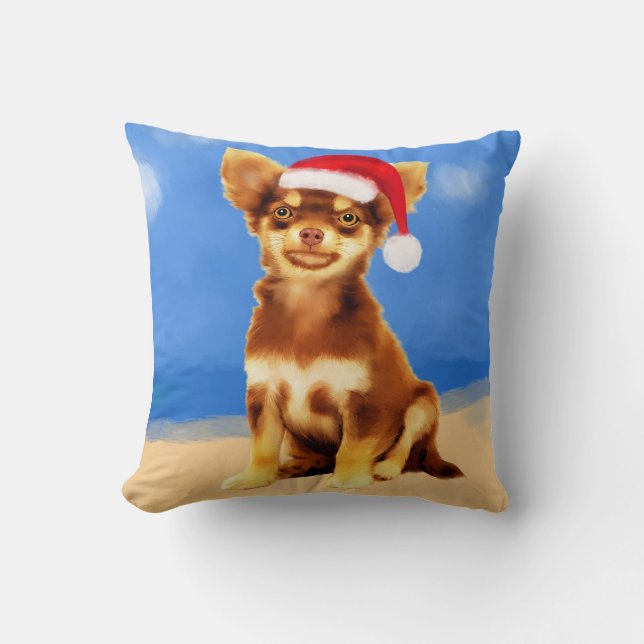 Chihuahua dog On Beach With Christmas Hat Cushion (Front)