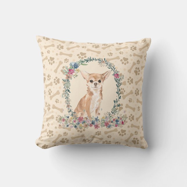 Chihuahua Dog Paw Print & Floral Cute Cushion (Front)