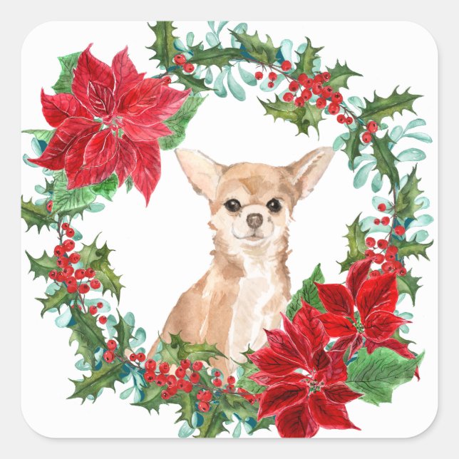 Chihuahua Dog Poinsettia Christmas Wreath Square Sticker (Front)