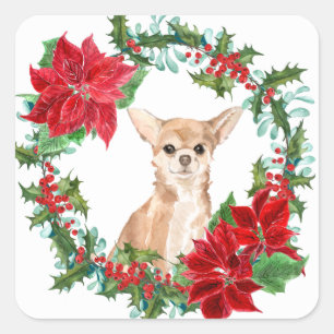 Chihuahua Dog Poinsettia Christmas Wreath Square Sticker