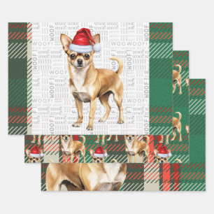 Chihuahua Dog Red and Green Plaid Christmas Wrapping Paper Sheet