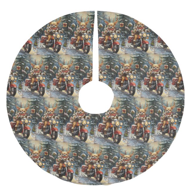 Chihuahua Dog Riding Motorcycle Christmas  Brushed Polyester Tree Skirt (Front)