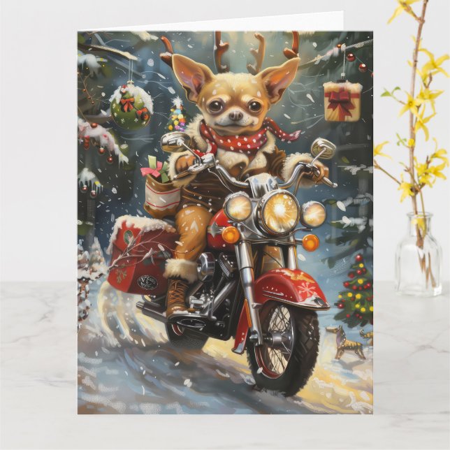 Chihuahua Dog Riding Motorcycle Christmas  Card (Yellow Flower)