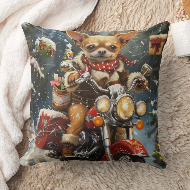 Chihuahua Dog Riding Motorcycle Christmas  Cushion (Blanket)