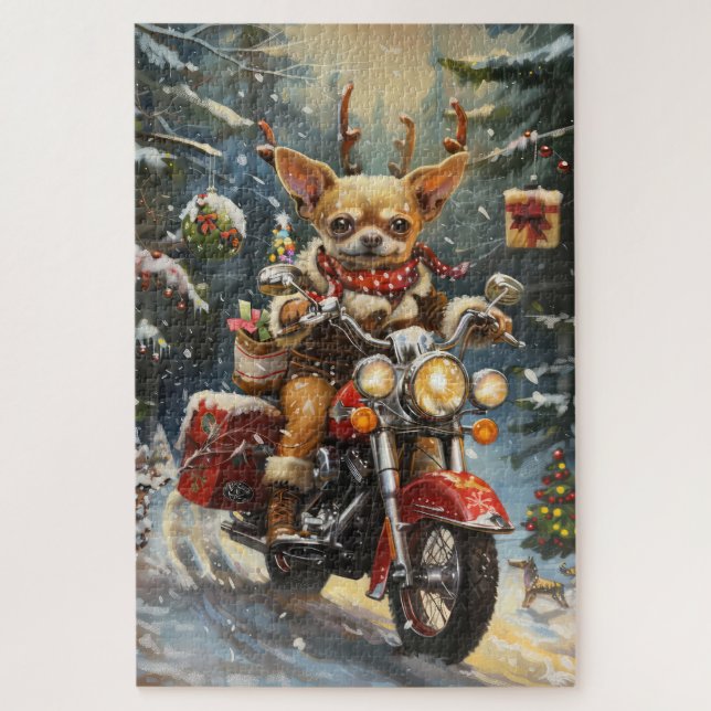 Chihuahua Dog Riding Motorcycle Christmas  Jigsaw Puzzle (Vertical)