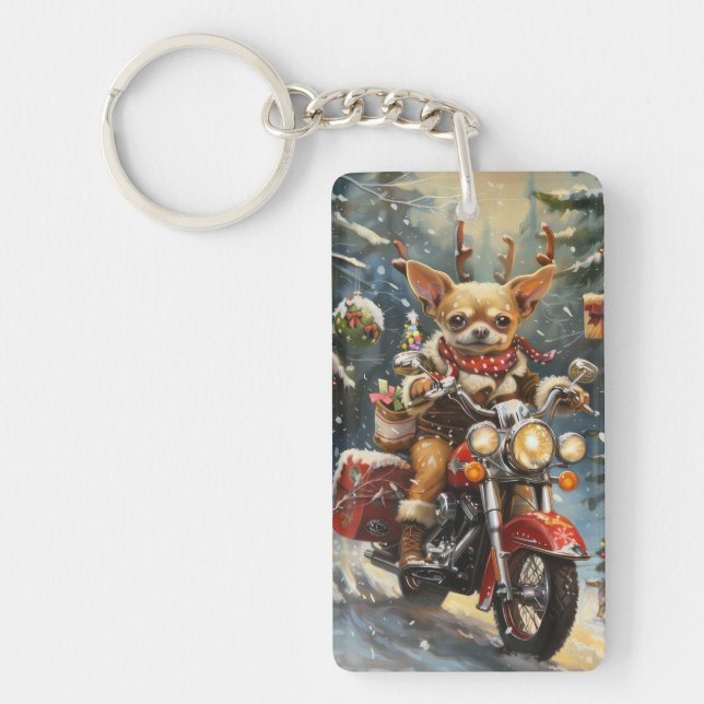 Chihuahua Dog Riding Motorcycle Christmas  Key Ring (Front)