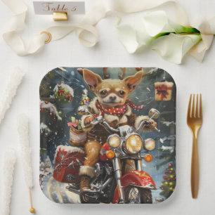 Chihuahua Dog Riding Motorcycle Christmas  Paper Plate