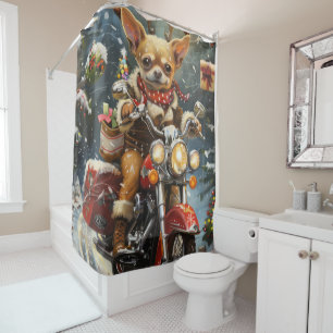 Chihuahua Dog Riding Motorcycle Christmas  Shower Curtain