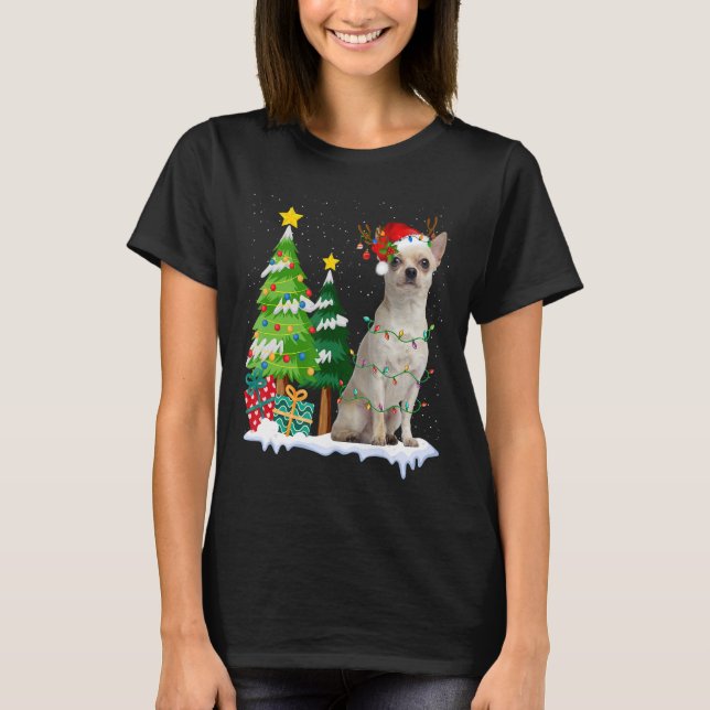 Chihuahua Dog Santa Hat Reindeer Christmas Lights T-Shirt (Front)