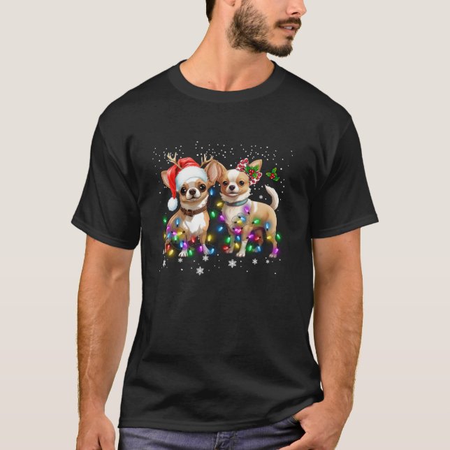 Chihuahua Dog Santa Hat Xmas Lights Men Women Chri T-Shirt (Front)