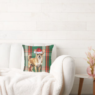 Chihuahua Dog Santa Plaid Christmas Holiday Cushion