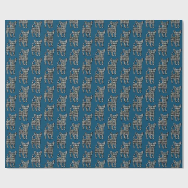 Chihuahua Dog Silhouette Y&B Grid Line Blue Wrapping Paper (Flat)