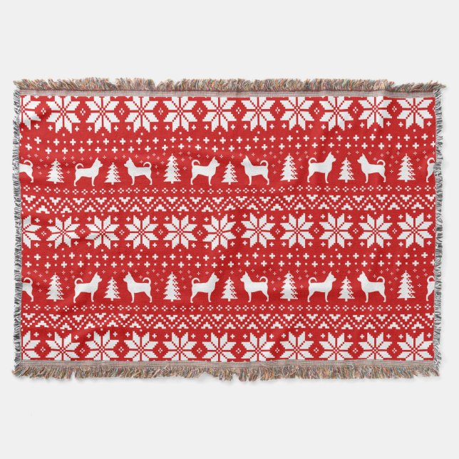 Chihuahua Dog Silhouettes Christmas Pattern Red Throw Blanket (Front)
