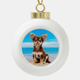 Chihuahua Dog Sitting on Tropical Beach Ceramic Ball Christmas Ornament