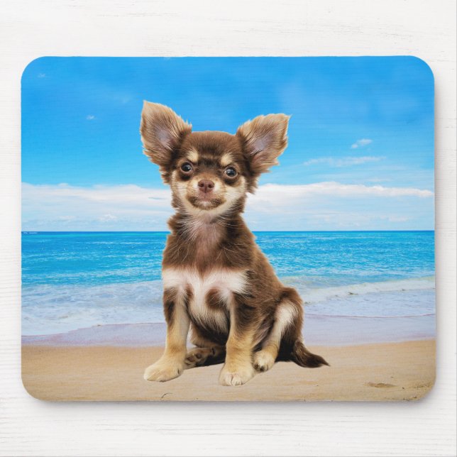 Chihuahua Dog Sitting on Tropical Beach Mouse Mat (Front)